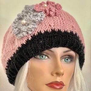 Hand Knits 2 Love Slouch Hat Flower Pearl Designer